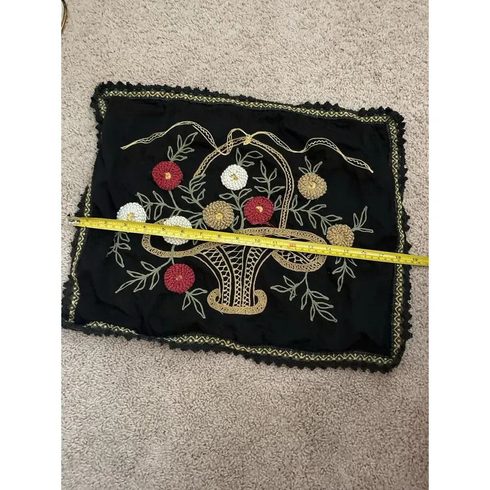 Vintage Crewel Embroidery Pillow Cover Basket Flowers Raised Wool Folk Art